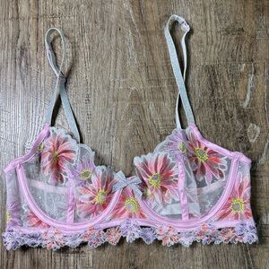 For Love & Lemons Pink Daisy Embroidered Underwire Bra